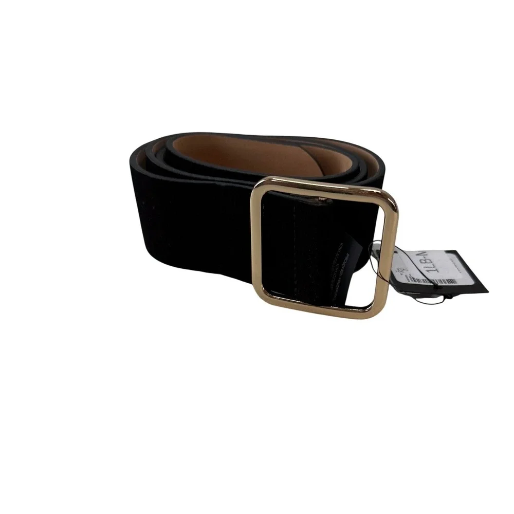 Club Monaco Womens Black Suede Cow Leather Wide Waist Belt Gold Buckle M/L New